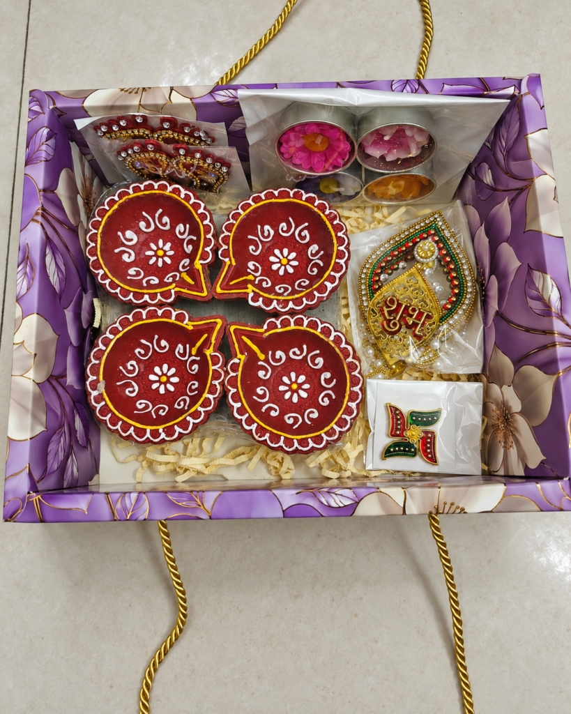 Mangal Tarang red diya hamper, open