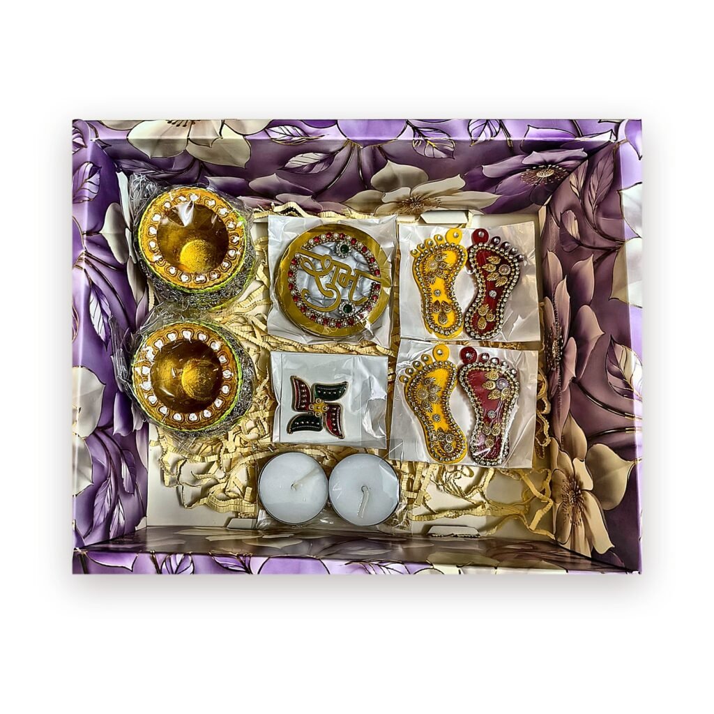 Shubh Matka Diya Hamper: open box showing all items