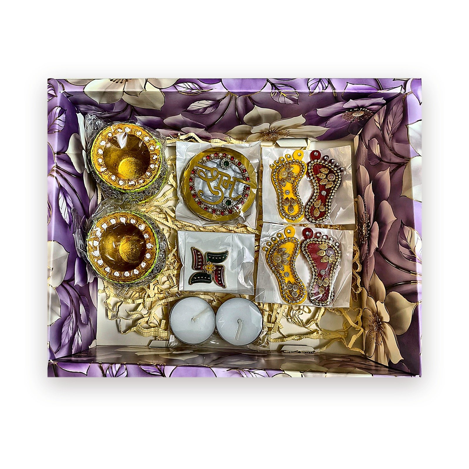 Shubh Matka Diya Hamper: open box showing all items