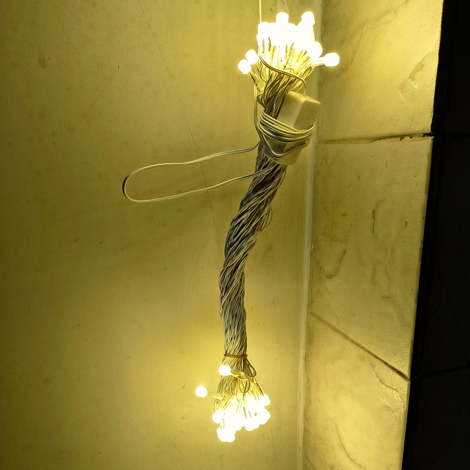 Warm LED fairy lights switched on