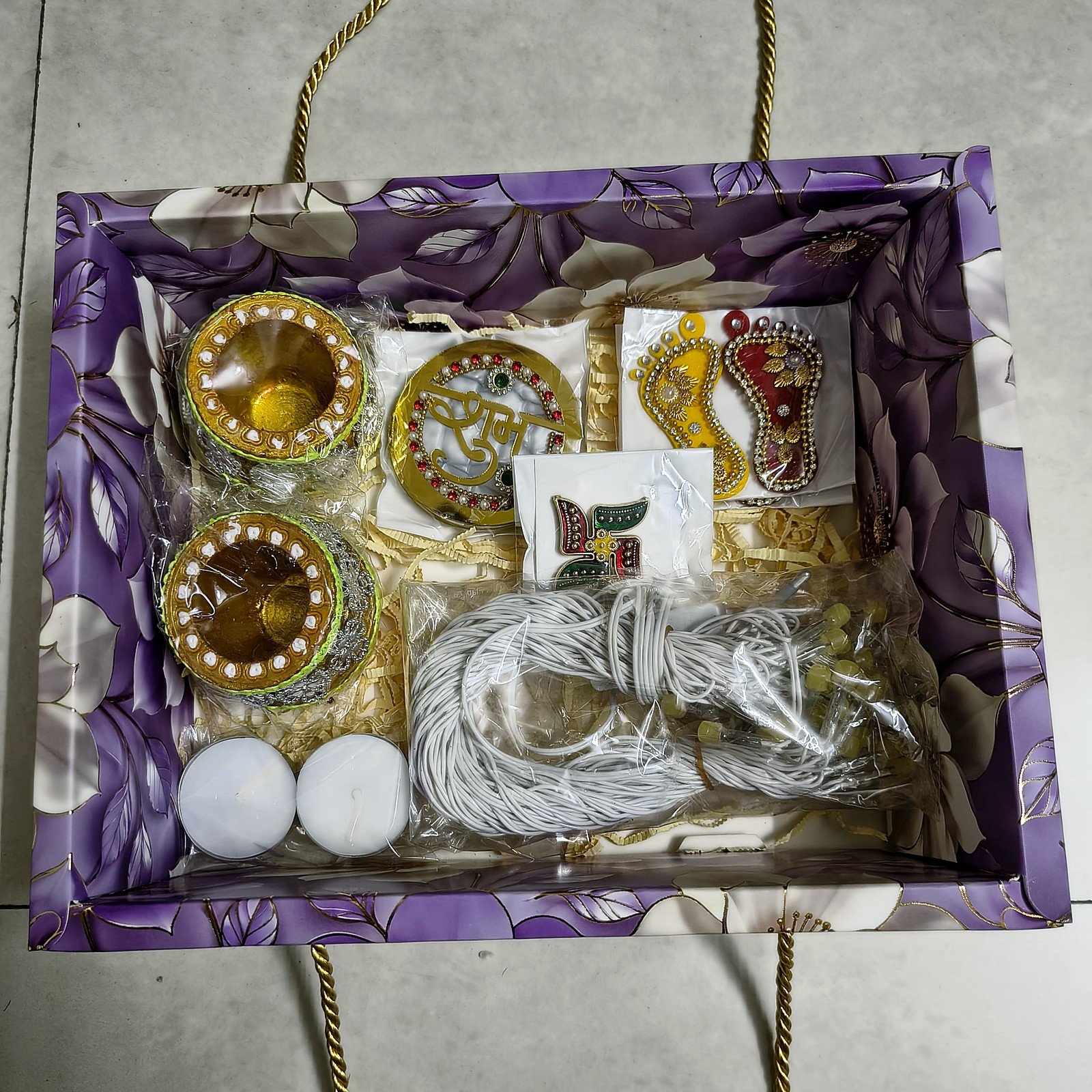 Roshni Matka Diya Hamper, open box with fairy lights and all items