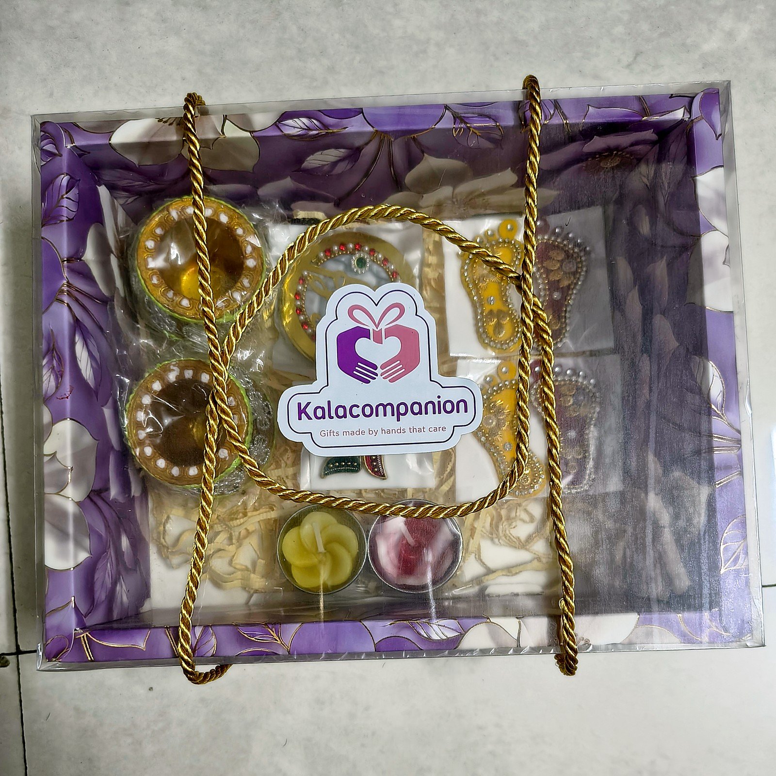 Tarang Matka Diya Hamper with golden rope handle, ready to gift