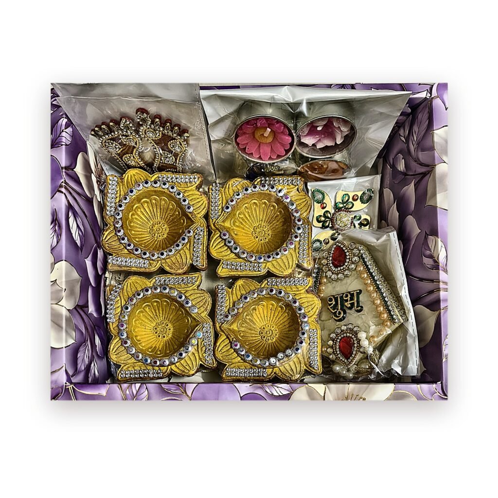 Swarna Tarang Golden Diya Hamper with Floating Candles: open
