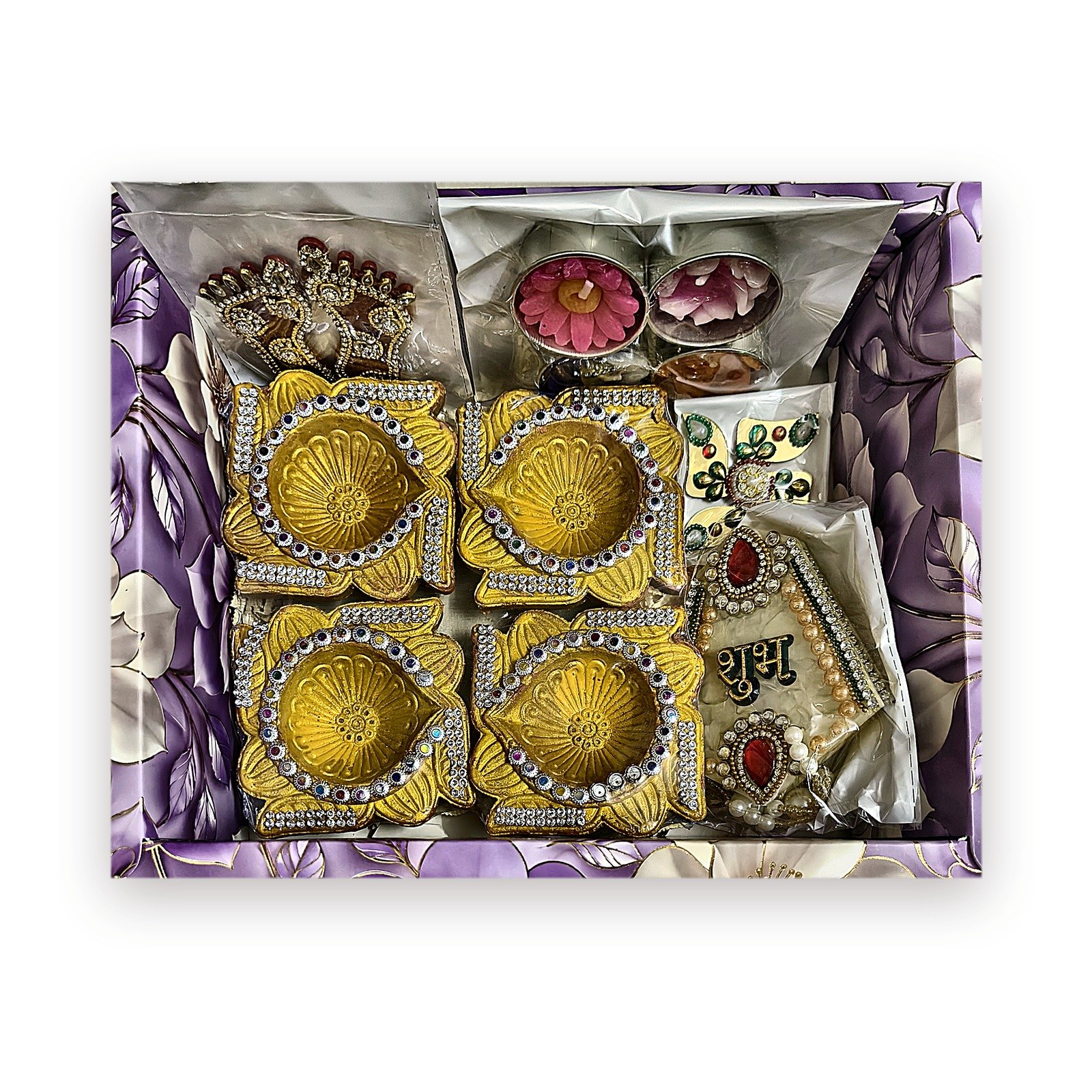 Swarna Tarang Golden Diya Hamper with Floating Candles: open