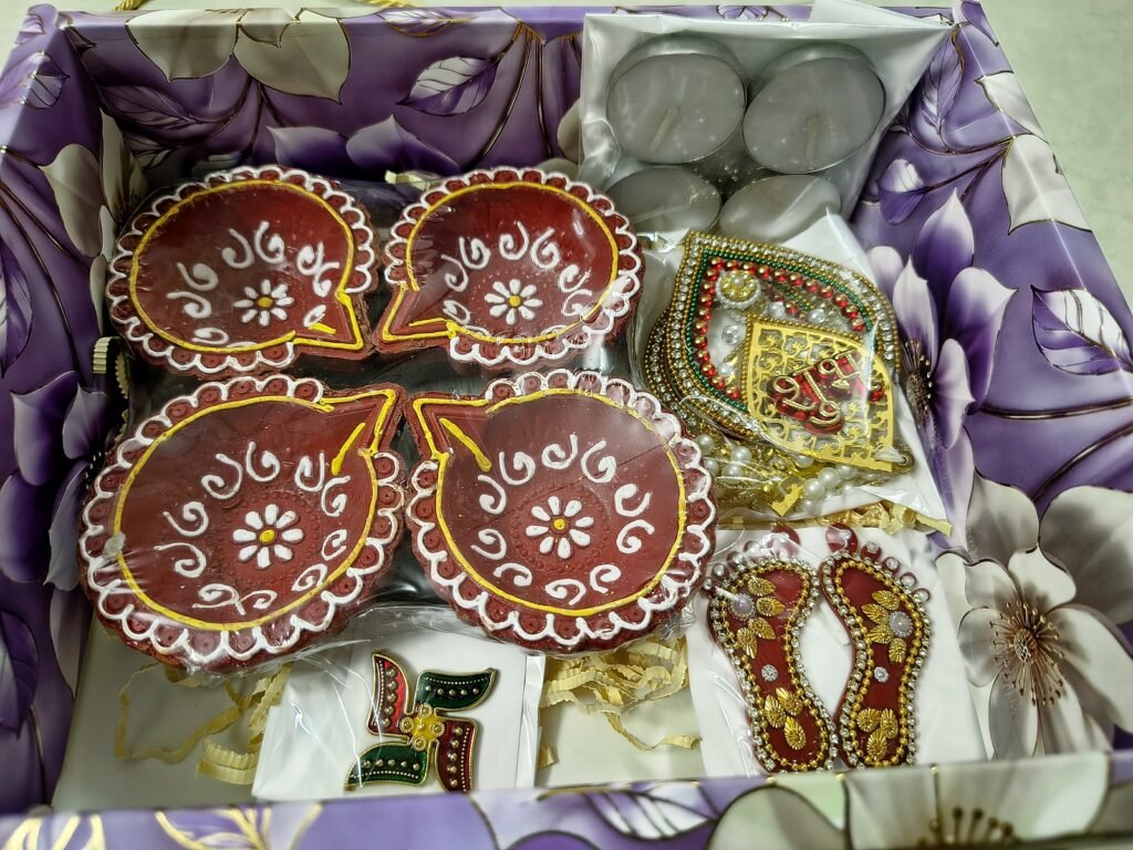 Mangal Red Diya Hamper: open box showing all items
