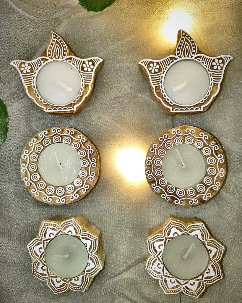Kaath Kala set of 6 hand-carved wooden tealight holders, diya and star